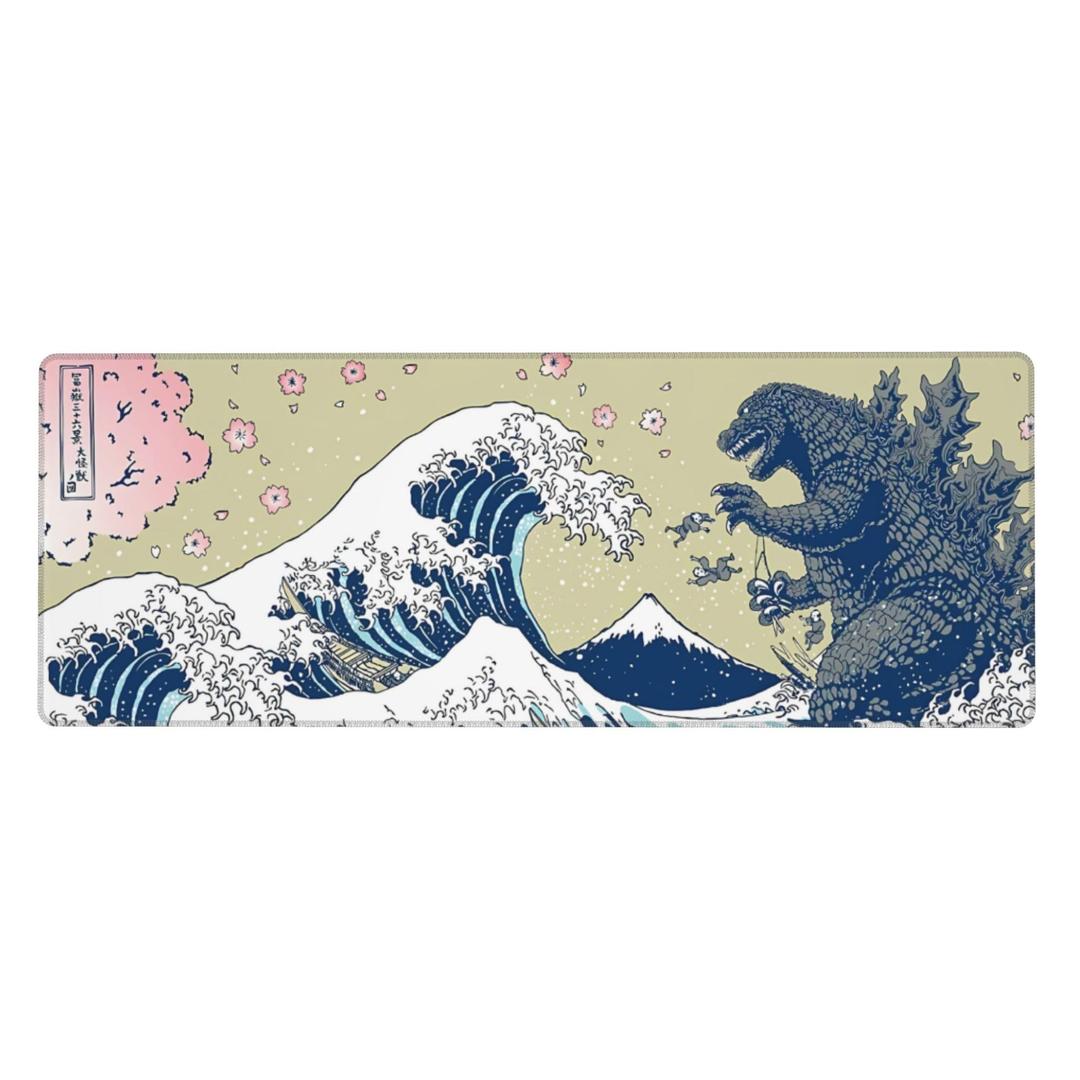 Japanese Waves Gaming Mouse Pad XL Extended Big Mousepad Large Desk Mat 31.5x11.8 Inch Non-Slip Rubber Base Abstract Keyboard Desk Pad Stitched Edges Mouse Mat for Laptop Computer Office Home Game