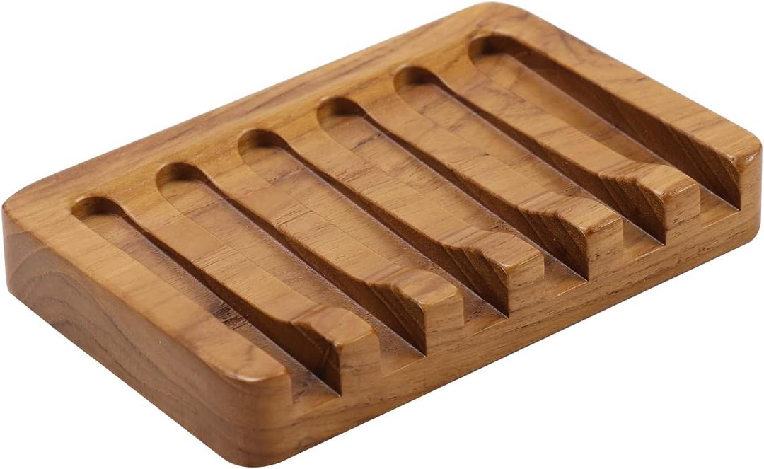 Soap Dish with Slanted Waterfall Design by HTB, Bar Soap Holder Teak Wood, Soap Saver for Shower, Bathroom, Sink, Kitchen and Countertop (1pcs)