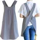 Cotton Linen Cross Back Apron for Women Japanese Cute Kitchen Cooking Aprons Solid Color with Pockets Gardening Painting