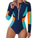 ABAFIP Women's Long Sleeve Rash Guard Bathing Suit Zip up One Piece Swimsuits Modest Floral UPF 50+ Surfing Swimwear Light Blue Small
