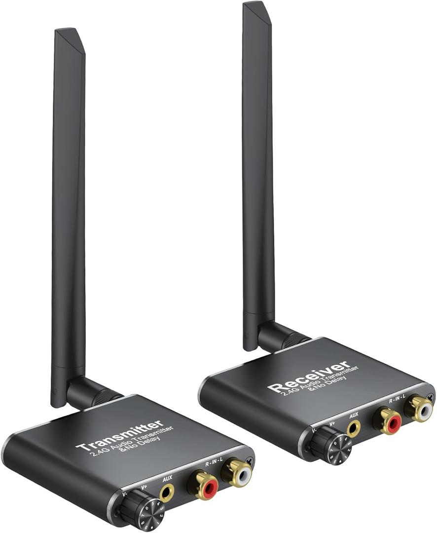 LiNKFOR 2.4Ghz Wireless Audio Transmitter Receiver, 50M/164Ft Long-Range Transmitter & Receiver with Low Latency,Volume Control,Ideal for TV/Subwoofers/Speakers,RCA(3.5mm) Out/Input