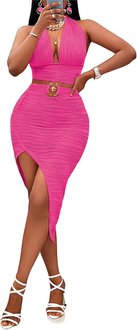 Womens 2 Piece Outfits Sexy Club Outwear Night Out Crop Top and Bodycon Skirt Set Dresses (Pink, S)