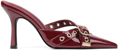 AMINUGAL Mules Heels for Women Pointed Closed Toe Kitten Heels Pumps Buckle Slip On Mules Studded Pointy Stiletto Heels Party Dress Vintage Pumps Pointy Kitty Heels for Women 7