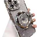 Changjia Glitter Kickstand Case for iPhone 16 Pro,Cute Luxury Bling Sparkly Diamond Rhinestone with Camera Protector Liquid Flowing Ring Stand TPU Bumper Women Girls Case for iPhone 16 Pro 6.3",Silver