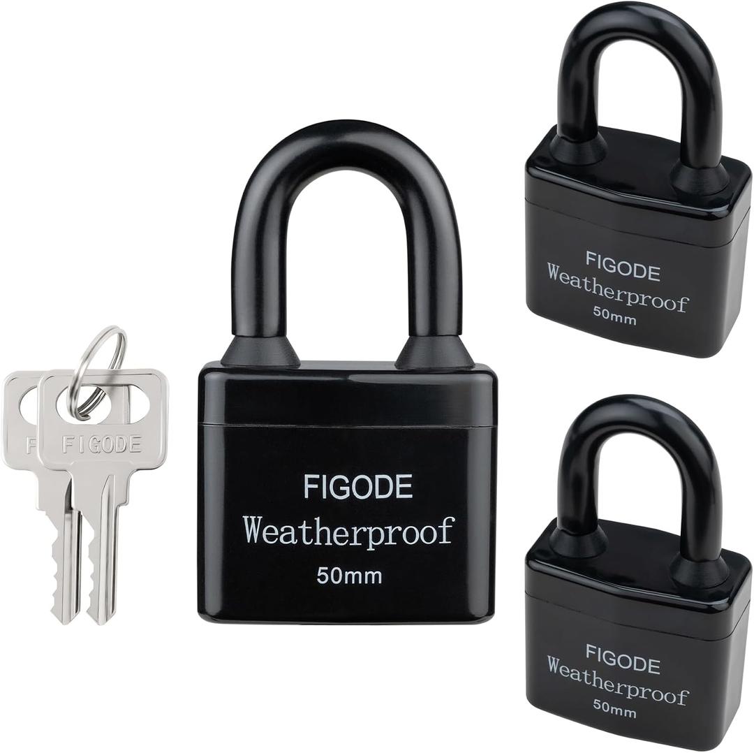 FIGODE Outdoor Waterproof Padlocks, Covered Heavy Duty Laminated Steel Locks, Large Sturdy Locks, 2.2 in. Wide, 3 Locks Same Key, Standard Shackle