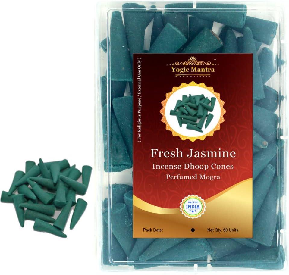 Yogic Mantra Fresh Jasmine Incense Cones | 60 Dhoop Cones | 1.5 Inch Size | Chameli Fragrance | Mogra Dhoop Batti | Aromatherapy Meditation Agarbatti Stick | for Diwali Pooja and Holy Puja Prayers