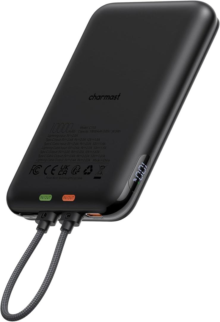 charmast 10000mAh Wired Portable Charger, 20W Fast Charging Slim Power Bank with Removable Cable for iPhone & Android, Hand-Free Battery Pack with Digital Display for Short Travel (No-Wireless)