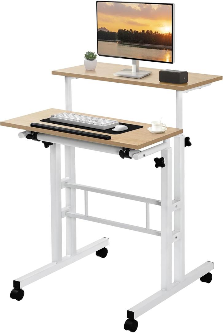VECELO Small Mobile Standing Desk 24 Inch, Adjustable Height Portable Stand Up Desk with Wheels Computer Workstations, Rolling Laptop Cart, Oak (2 Separate Panel)