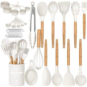 Umite Chef Kitchen Cooking Utensils Set, 33 pcs Non-stick Silicone Cooking Kitchen Utensils Spatula Set with Holder, Wooden Handle Silicone Kitchen Gadgets Utensil Set (Cream White)