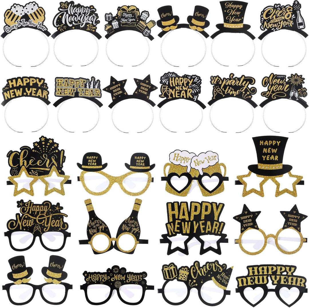 48 Pcs Happy New Year Party Favor 2026 Eyeglasses Headband Tiara Black Gold New Year Eve Party Supplies Decoration(Classic Style)