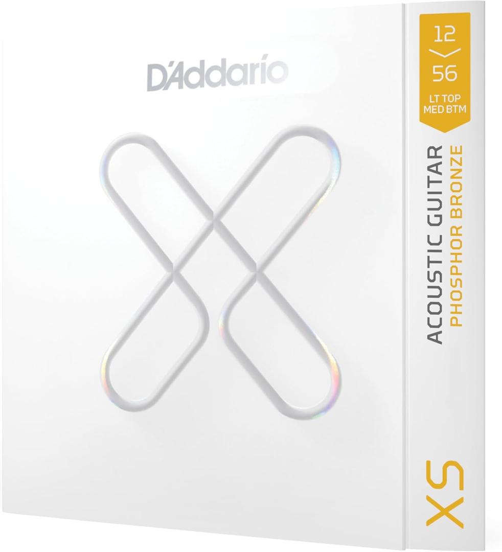 D'Addario Acoustic Guitar Strings, XS Phosphor Bronze Coated, XSAPB1256, Light Top/Medium Bottom Gauge 12-56, 6-String Set, Pack of 1