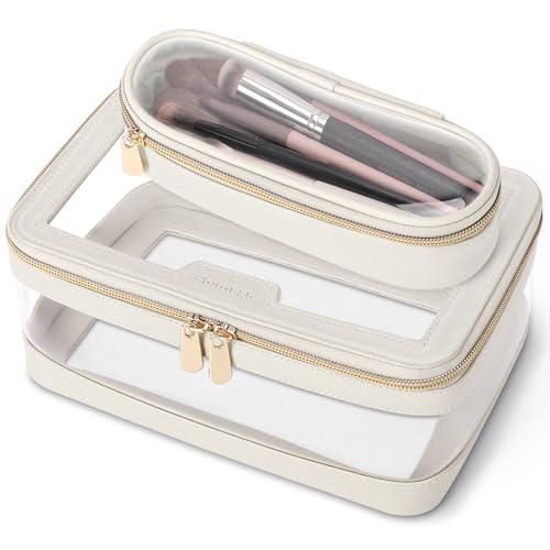 Soimeat Travel Clear Makeup Brush Bag, Leather Make up Case Toiletry Bag, Portable Cosmetic Bag Case, Transparent Waterproof Cosmetic Organizer Storage Bag for Women, Off-White 1 Pack