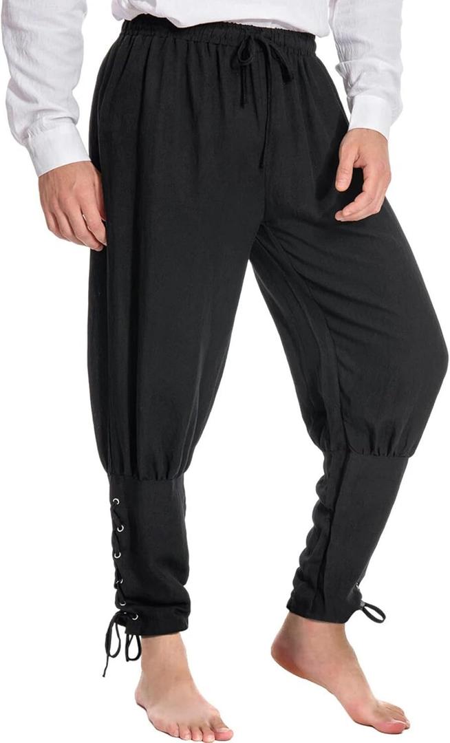 Mens Spring Summer Autumn Ankle Banded Pants Medieval Viking Navigator Trousers Renaissance Pants (Black, Medium)