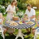 Smiry Round Picnic Tablecloth, Elastic Waterproof Fitted Vinyl Tablecloths for 31"-35" Tables, Flannel Backed Buffalo Plaid Table Cover for Dining, Camping, Outdoor, Black and White