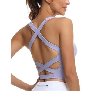 romansong Strappy Yoga Sports Bras for Women Padded Criss-Cross Back Tank Tops (Large, Pastel Lilac)