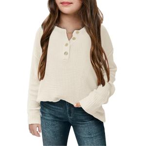 rrhss Girls Waffle Knit Sweaters Trendy Henley Button V Neck Long Sleeve Pullover Jumper Tops Off-White