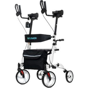 ELENKER Upright Walker, Stand Up Folding Rollator Walker Back Erect Rolling Mobility Walking Aid with Seat, Padded Armrests for Seniors and Adults, White