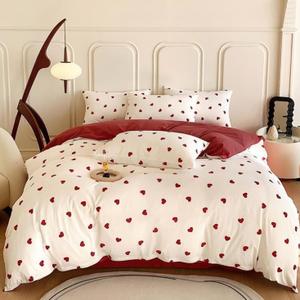 Duvet Cover Queen Size Red Love Heart on Side A, Pure Red on Side B, Comforter Cover Soft & Lightweight Microfiber Quilt Cover with Zipper Closure and 2 Pillowcases