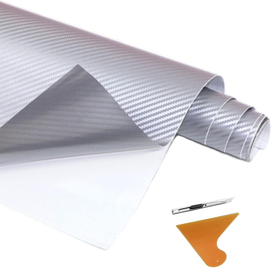 3D Carbon Fiber Vinyl Wrap,Thickened Car Vinyl Wraps Matte Carbon Fiber Car Stickers for Car Exterior Interior Protection with Knife&Scrapers Vinyl Roll 60x12 inch (Silver)