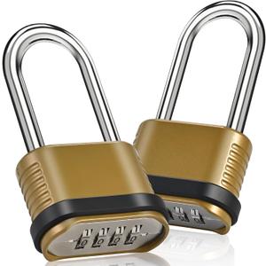 4 Digit Heavy Duty Combination Lock - 105mm Long Shackle Weatherproof Combination Padlock, Outdoor Combo Lock for Storage Units, Gym Lockers, Fence Gates & Shed Doors - Golden (2pcs, Long Shackle)