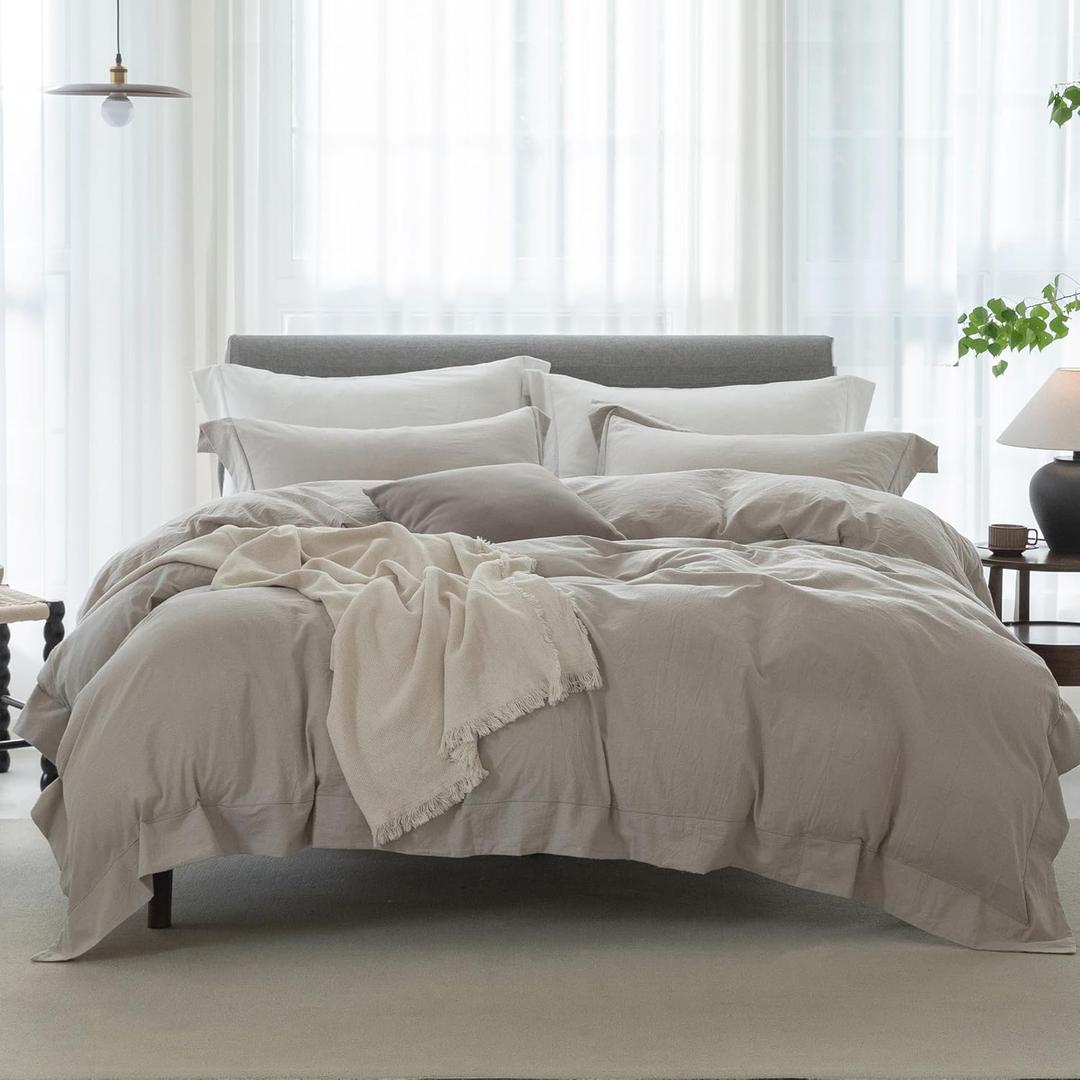 Cooling King Duvet Cover Set 3 Pieces-100% Washed Cotton with Chic Wide Trim Design Linen Like Textured Ultra Soft Cozy Bedding with Zipper Closure(Hemmed Beige Grey,King 104"x90")