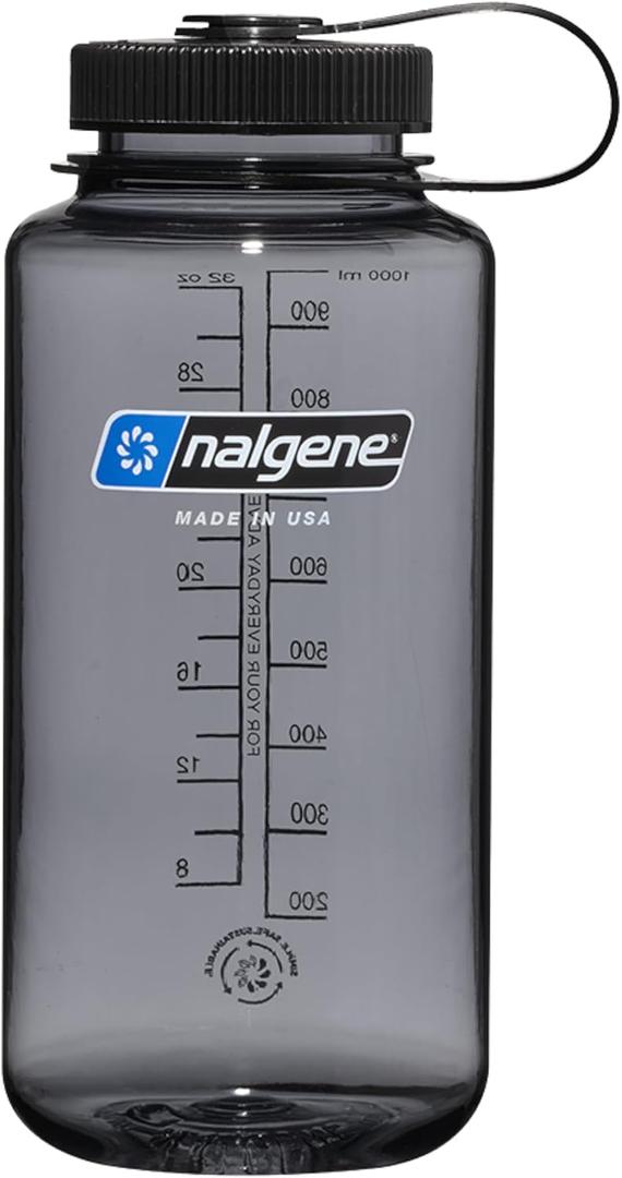Nalgene 32 oz Wide Mouth Water Bottle | BPA-Free, Durable & Leak Proof, Lightweight Bottle for Hiking & Gym, Work & Travel (Gray w/ Black Lid)