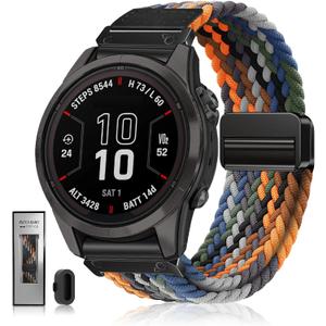 Quickfit 22mm 26mm Watch Band - Compatible with Garmin Fenix 8 47mm 51mm/Fenix 7/7X/6/6X/5/5X, Magnetic Clasp Braided Stretchy Nylon Sport Strap for Men and Women, Multiple Colors