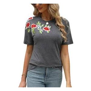 Mexican Shirts for Women Floral Embroidered Tops Short Sleeve Blouses Women's Traditional Fiesta Tees Tunic Peasant, S