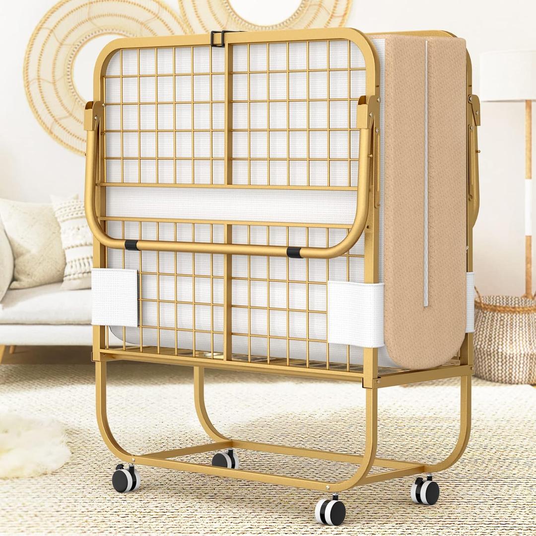 Homieasy Folding Bed with Mattress, Portable Foldable Bed with Storage Cover, Rollaway Bed for Adults with Memory Foam Mattress and Metal Frame, Cot Size Guest Bed on Wheels, Luxury Gold, 75 x 31
