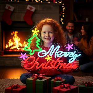Merry Christmas Neon Sign, 14.1'' x 9.68'' LED Neon Light for Wall Decor, USB Powered with Adjustable Brightness, Colorful Holiday Neon Sign for Christmas Party, Bedroom, Window Display