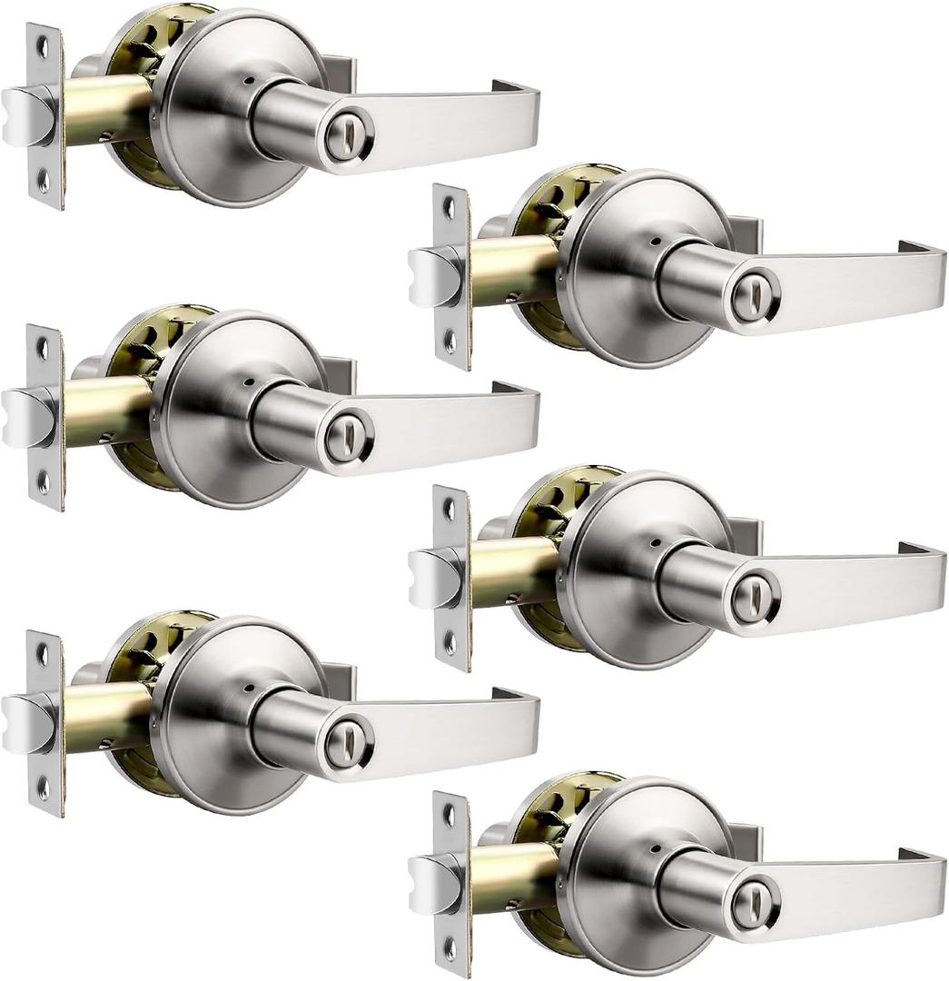 Privacy Door Handle with Lock, Keyless Entry for Bedroom and Bathroom, Rectangular Interior Door Lever, Easy Installation, Satin Nickel, 6 Pack