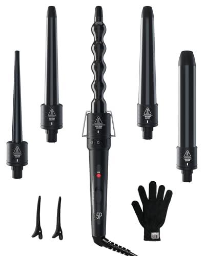 5 in 1 Curling Wand Set: Ohuhu Curling Iron Wand 5Pcs 0.35 to 1.25 Inch Interchangeable Ceramic Barrel Heat Protective Glove 2 Clips Dual Voltage Hair Curler for Girl Women Mother Christmas Gift Black