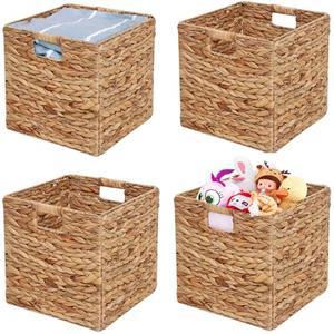 JGJCYO9 Storage Baskets Wicker Cube Baskets Foldable Handwoven Water Hyacinth Laundry Organizer,Cube Storage Baskets,Set of 4 pcs Baskets-11x11x11inch