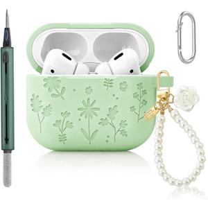 CAISATEQ Compatible with AirPods Pro 3 Case 2025, Cute Floral Engraved Soft Silicone Cover with Rose Pearl Keychain and Cleaning Kit, Shockproof and Dustproof, 6 Colors (Matcha Green)