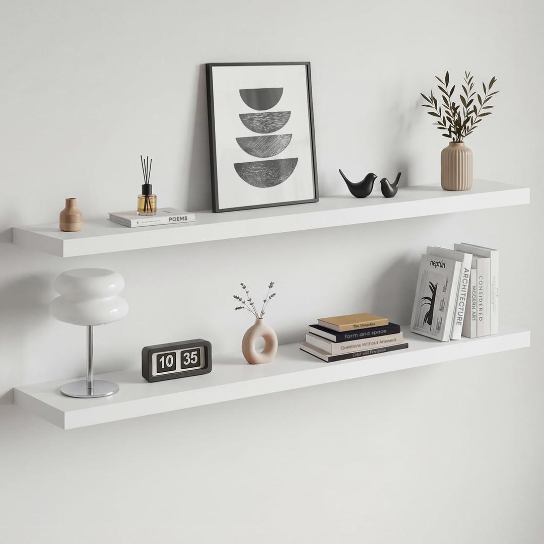 Homeforia White Floating Shelf 48 inches, High End Solid Real Wood 48inch Long Floating Shelves for Wall Mounted, White Wooden 48in Floating Shelves, Heavy Duty Bracket, 48 X 6.5 X 1.75 inch, Set of 2