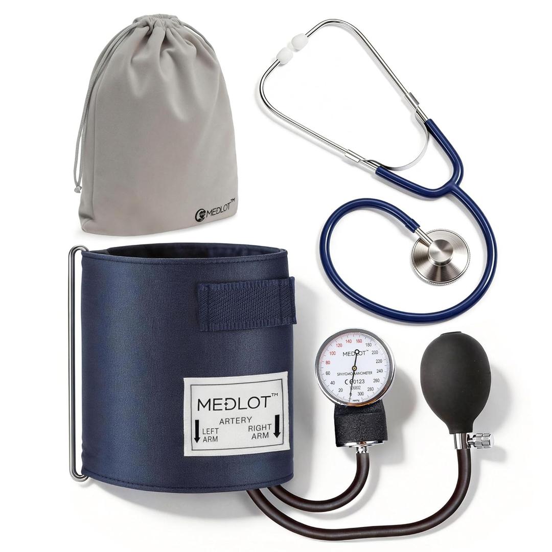 LotFancy Blood Pressure Cuff and Stethoscope Kit with D-Ring, Professional BP Cuff Standard Adult 10-16 for Nursing School, Home, Easy to Use BP Machine with Carrying Case Zero Calibrator, Navy