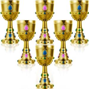 Suclain 6 Pcs Medieval Molded Crown Goblets 8 oz Gold Jeweled chalice Vintage Plastic Goblet King Queen Party Chalice Medieval Party Decorations for Carnival Drinking Supplies