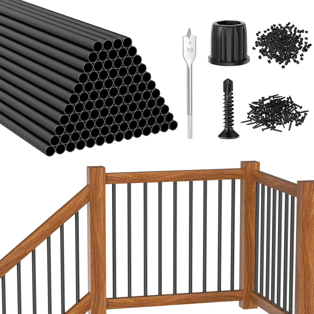 CKE 100 Pack 32" Round Aluminum Deck Balusters, 3/4" Diameter Hollow Round Black Aluminum Balusters for Deck Railing, Metal Deck Baluster Stair Spindles with Screws/Conectors for Railing Fencing R32