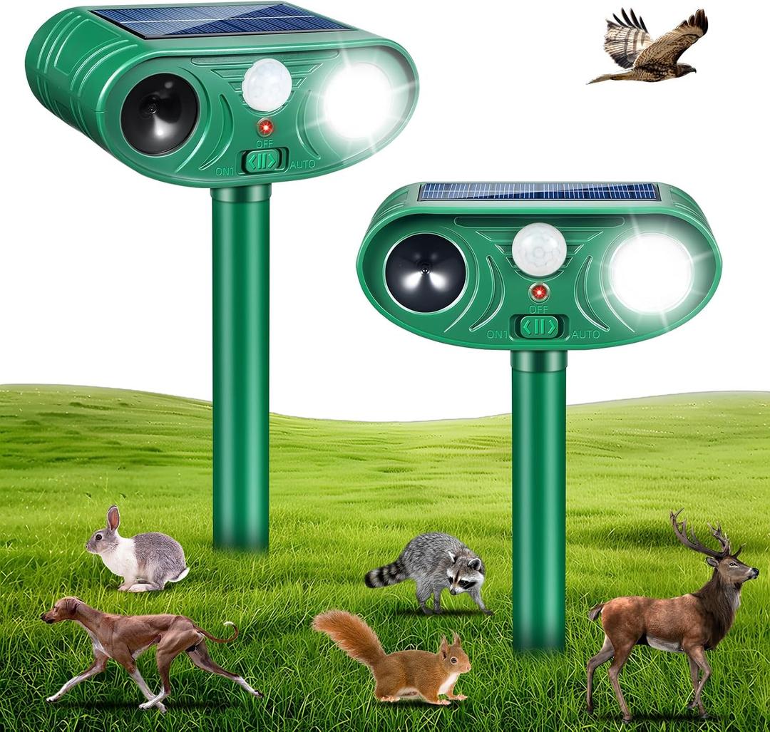 2026 Upgraded Solar Animal Repellent Ultrasonic Outdoor 2 Pack, IP65 Waterproof Deer Deterrent & Cat Repellent with Motion Sensor Strobe Light, Raccoon Rabbit Squirrel Repeller to Protect Yard Garden