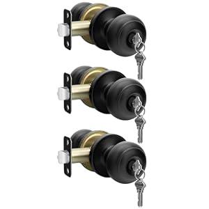 Haidms Black Door Knobs, Black Exterior Door Knobs, Classic Locking Door Knob with Key, Matte Black Keyed-Alike Entry Door Knob(3 Pack)