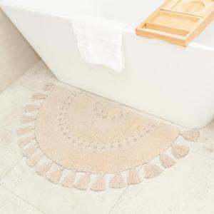 Boho Bathroom Rugs - Half Circle Cotton Mat with Crochet Insert and Tassels - Non-Slip Bohemian Rug for Bath, Bedroom or Entryway - Neutral Cream Decorative Rug - 42x22 Soft Machine Washable (Off White)