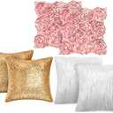 Oudain 6 Pcs Decorative 3D Rose Flower Pillow Cover, 16 x 16 Inch Faux Fur Throw Pillow Covers for Bed Square Sofa Bedroom Car(Pink, White, Gold)