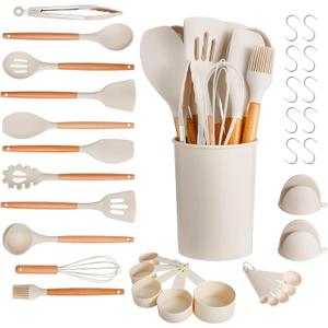 VEVOR Kitchen Cooking Utensils Set, 34 PCS Silicone Spatula Set with Holder, 428F Heat Resistant Gadget Spoons Tools, Wooden Handle Home Essentials Accessories, Silicone Gadgets Cookware, White VEVOR Kitchen Cooking Utensils Set, 34 PCS Silicone Spatula Set with Holder, 428F Heat Resistant Gadget Spoons Tools, Wooden Handle Home Essentials Accessories, Silicone Gadgets Cookware, White