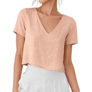 IDEALSANXUN Womens Short Sleeve Linen Shirts Casual Spring Summer V Neck Cute Crop Beach Blouse Tops (Pink, S)