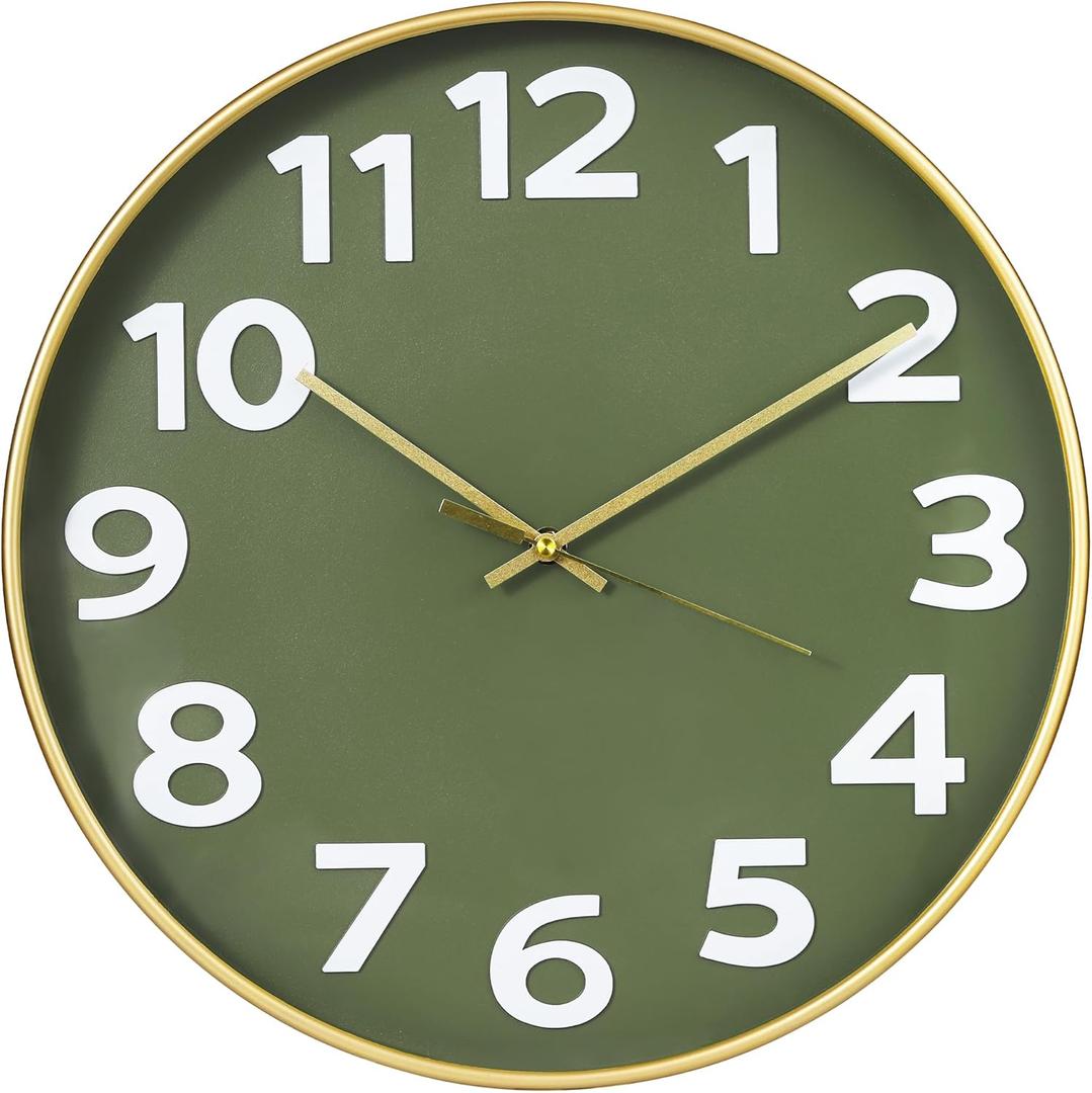 Maxstar 10 Inch Wall Clocks Battery Operated, Silent Non Ticking Modern Wall Clock for Living Room Bedroom Kitchen Office Classroom Decor (Olive Green)