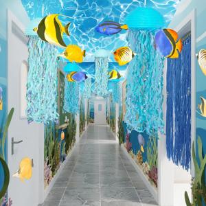 VioraWhite 19 Pcs Under the Ocean Birthday Party Decorations Hanging Jellyfish Paper Lanterns 24 Inch x 12 ft Sea Ceiling Covers for Summer Mermaid Shark Beach Party Room Baby Shower Daycare Classroom