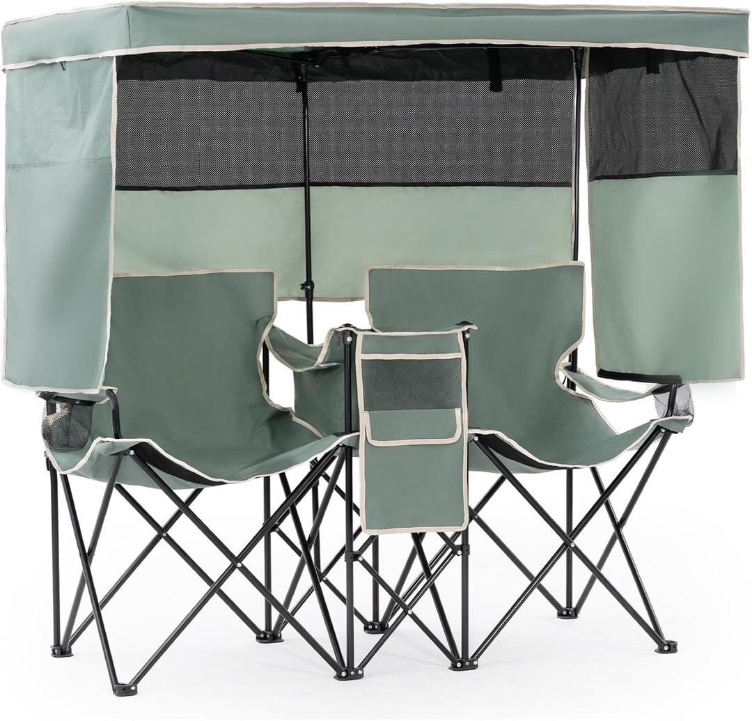Double Beach Chair with Canopy Shade Oversized Camping Chairs with Canopy, Cooler Bag & Cup Holder Folding Loveseat for Camp Fishing Beach, Standard