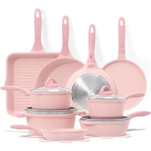 JEETEE Pink Pots and Pans Set Nonstick 23pcs, Healthy Kitchen Cookware Sets, Induction Cooking Set Pink Granite Stone Frying Pans, Saucepans, Saut Pan, Griddle Pan & Crepe Pan (PFOA Free)