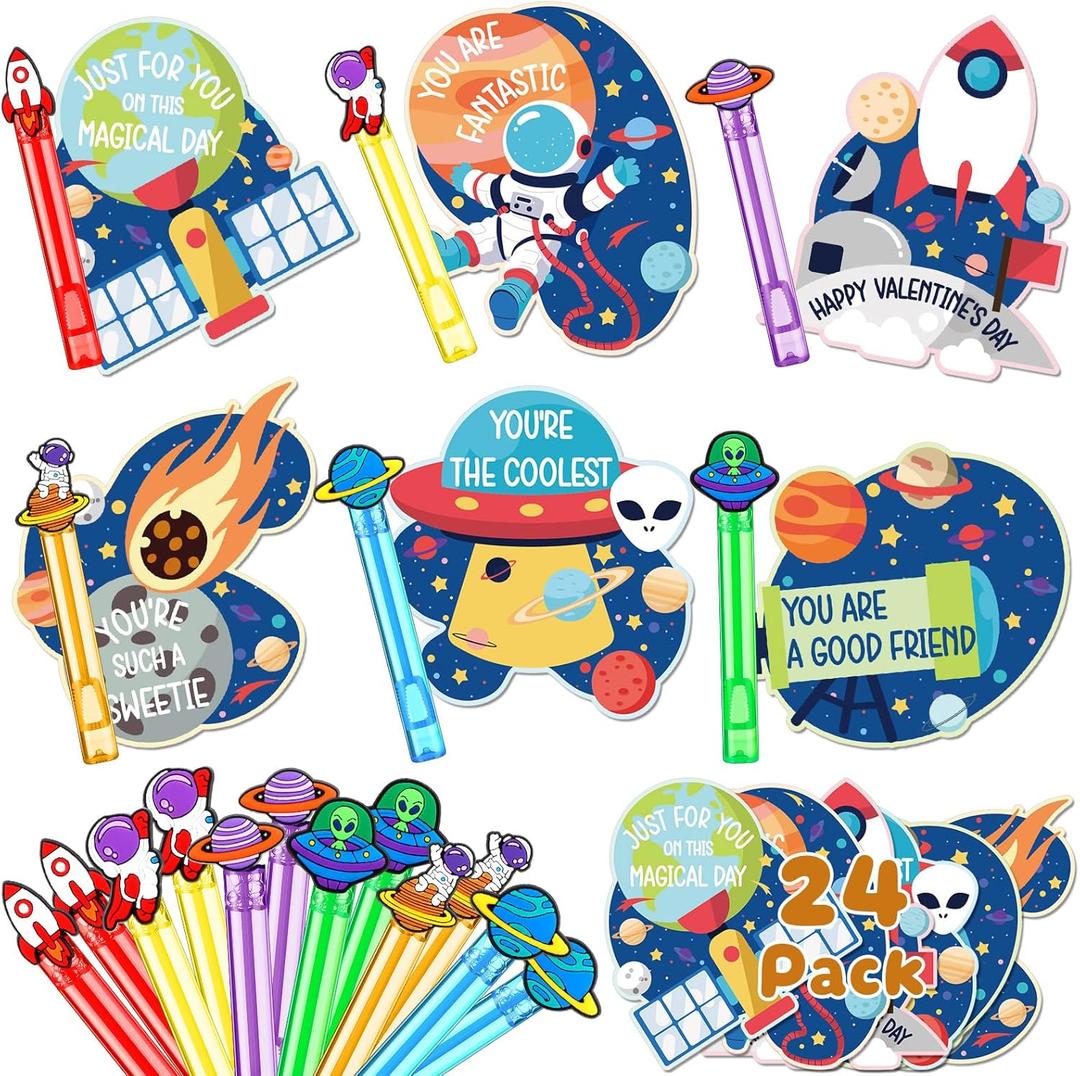 Jenaai 24 Pcs Valentines Gift Cards with Mini Bubble Wands Valentine's Exchange Gifts Prize Funny Bubble Wands with Cards Party Game Photo Supplies(Astronaut)