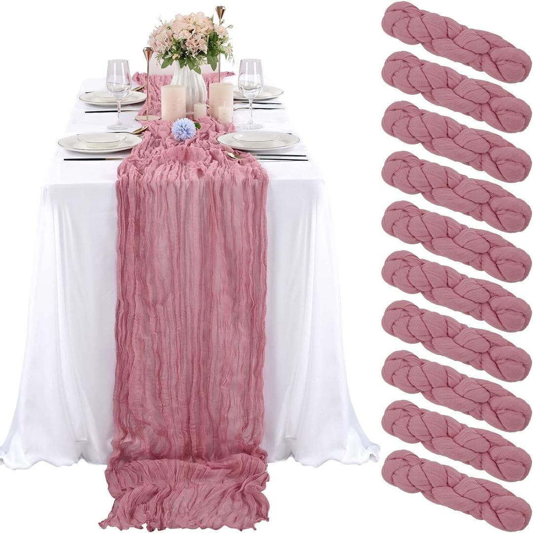 10 Pcs Dusty Rose Cheesecloth Table Runner 10FT, Gauze Table Runner for Wedding Reception Sheer Bridal Shower Birthday Party Boho Table Decoration, Rustic Romantic Wedding Runner